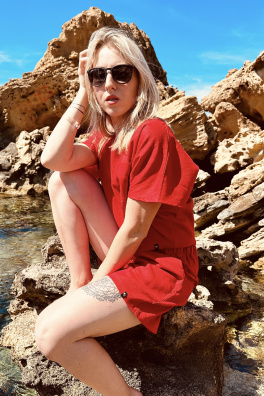 GoldBee Dámské Lněné Šortky Red (Barva Red, Velikost L)