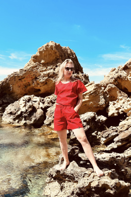 GoldBee Dámské Lněné Šortky Red (Barva Red, Velikost L)