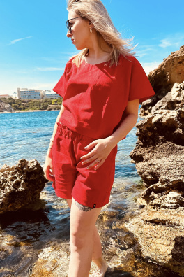 GoldBee Dámské Lněné Šortky Red (Barva Red, Velikost L)