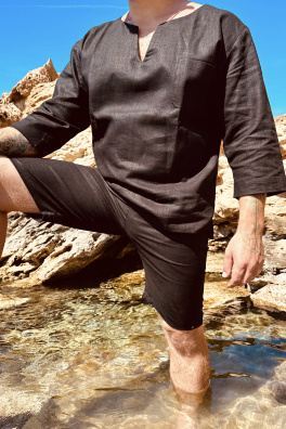 GoldBee Pánské Lněné Šortky Black (Barva Black, Velikost L)