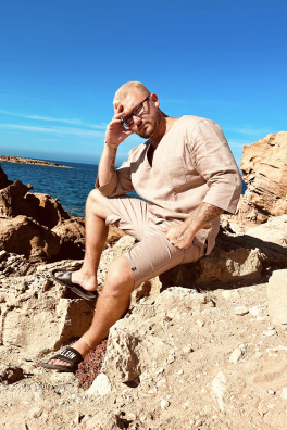 GoldBee Pánské Lněné Šortky Taupe (Barva Taupe, Velikost L)