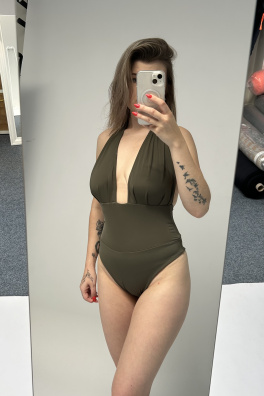 GoldBee Jednodílné Stahovací Plavky Brazilky Olive (Barva Olive, Velikost 3XL)