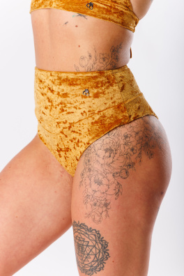 GoldBee Sametové Plavky Brazilky S Vysokým Pasem Gold (Barva Gold, Velikost 3XL)