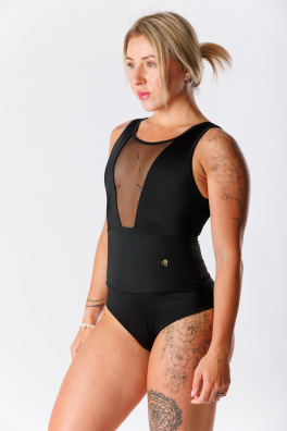 GoldBee Jednodílné Stahovací Plavky Mesh Kalhotky Black (Barva Black, Velikost 3XL)